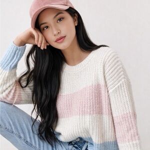 Blue Rain Pastel Stripe Crewneck Sweater - Cream, Pink & Light Blue